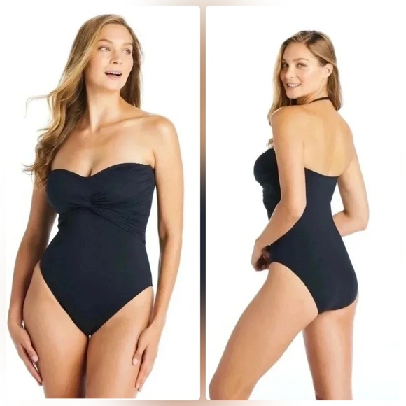 Bleu Rod Beattie Let's Get Twisted Draped One Piece Bandeau Swimsuit 10 Black - Picture 2 of 9